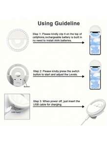 SHEIN 1pc USB Rechargeable Selfie Ring Light LED With 3 Brightness Modes, Comes With USB Charging Cable, Suitable For Selfie Ring Light Supplementary Lighting Night Dark Selfie Enhanced Mobile Phone Photography, Portable Fill Light For Live Streaming