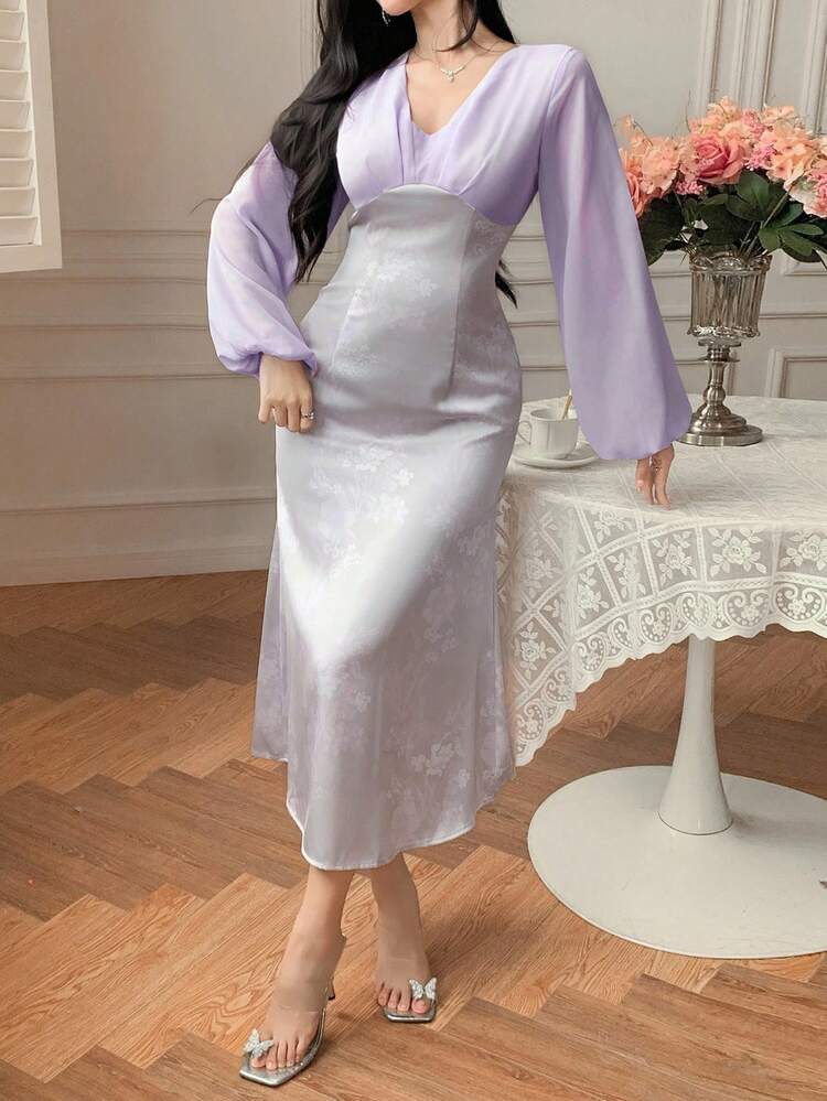 Women's Elegant Contrast Color V-Neck Lantern Sleeve Fish Tail Hem Mid-Length Dress Long Sleeve Dress Maxi Dress