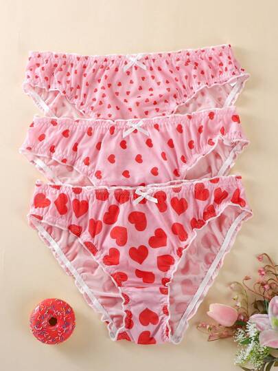 SHEIN 3-Pack Plus Size Heart Print Bow Decor Panties