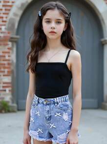 Tween Girls' Denim Short High Waist,Light Blue Distressed Frayed Denim Shorts With White Bow,Summer Casual School Clothes For Fashionable Girls - Medium Wash - View 3