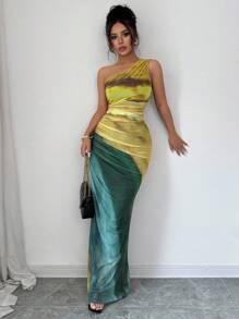 Rafferiza Graduated Color High Slit Asymmetric Collar Ruched Tulle Dress Maxi Women Outfit Summer Dress - Light Yellow - View 4