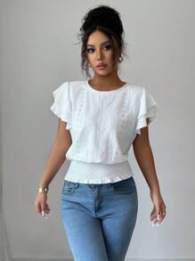 Selianne 夏季休闲度假白色提花圆领T恤 - 白色 - 查看 4