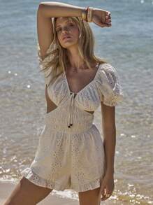 Aralina 泡泡袖褶饰腰部荷叶边下摆刺绣连身裤 - 白色 - 查看 4