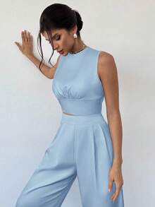 Firerie 女士优雅简约别致性感浪漫通勤音乐节派对情人节约会露背无袖上衣和褶皱阔腿裤黑色 2 件套 - 藍色 - 查看 4