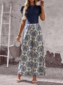 EMERY ROSE Bộ 2 áo thun tay bồng màu trơn đơn giản cho nữ & quần ống rộng in họa tiết hoa, trang phục đi nghỉ - Màu xanh hải quân - Xem 5