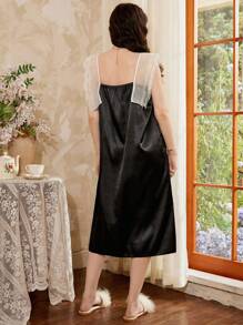 Côtesoire 女士褶饰荷叶边吊带连衣裙，法式优雅仿丝睡袍，舒适家居服 - 黑色 - 查看 2