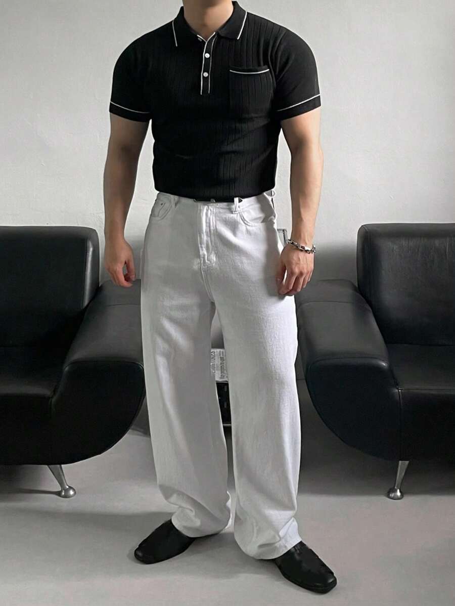 DAZY 夏季男士 Decorator Line Polo 领纽扣口袋针织衬衫，黑色 - 黑色 - 查看 1