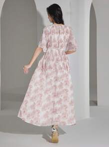 Modelyn 女士花卉印花褶皱肩荷叶边袖优雅连衣裙 - 藍色 - 查看 5