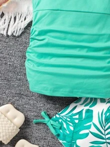 2pcs/Set Young Girl Fashionable Comfy Mint Green Camisole & Leaf Printed Shorts Set, New - Mint Green - View 6