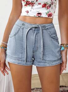 Breezaya Women's Casual Belted Pocket Denim Shorts, Versatile - Blue - View 3
