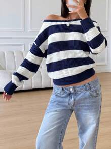 SHEIN Regular Length Acrylic Sweater For Teen Girls With Modern Striped Design Blue And White Striped Sweater Navy Blue Sweater Blue Sweater Striped Sweater Off The Shoulder Sweater,In Fall/Winter