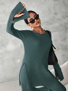 SHEIN Cottnline Cotton Solid Split Hem Tee & Flare Leg Pants - Olive Green - View 4