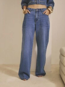 Aralina Winter Summer Low Rise Stud Detail Western Country Concert Spring Vacation Jeans - Medium Wash - View 6