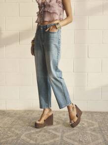 Aralina 女式休闲水洗低腰锥形牛仔裤 - 藍色 - 查看 1