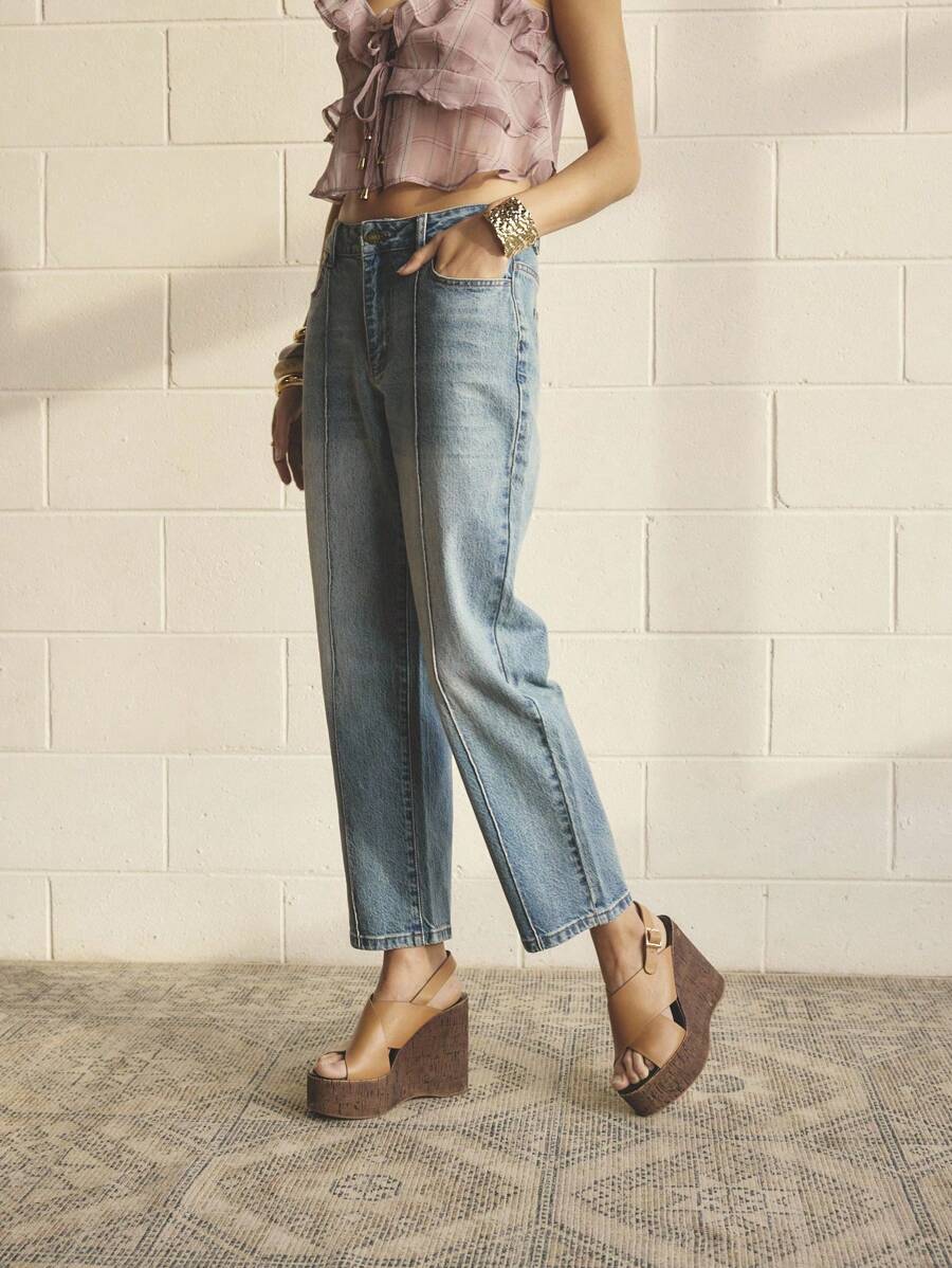 Aralina 女式休闲水洗低腰锥形牛仔裤 - 藍色 - 查看 1