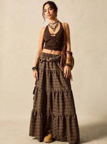 Easelle 棕色复古格子编织多层拼布休闲女式半身裙秋夏乡村音乐会格子裙