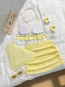 Tween Girls 3Pcs Bikini Sets, 2025 New Style Yellow Casual Textured Swimwear, Fashion Leisure Delicate Elegant Set Suitable For Swimming, Beach, Pool, Photo Shoot, Gift