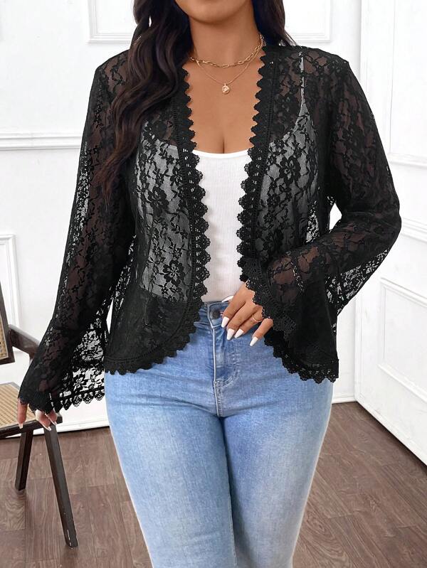 Calvaya Plus Size Black Lace Shrug Elegant Knitted Crochet Open Front Cardigan With Semi-Sheer Long Bell Sleeves And Scalloped Trim Detail Fall Winter Cloth For Women