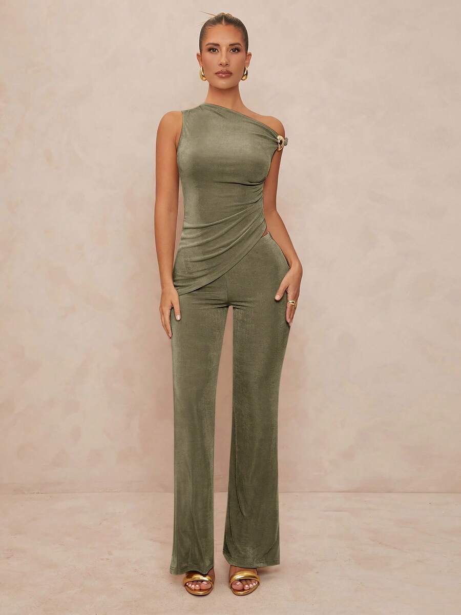 Lumalex 1 pièce Robe évasée ajustée asymétrique avec décoration métallique, ensemble 2 pièces pour femmes - Militaire verte - Voir 1