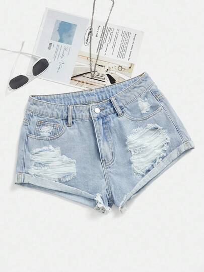 SHEIN PETITE 夏季休闲洗水破洞牛仔短裤