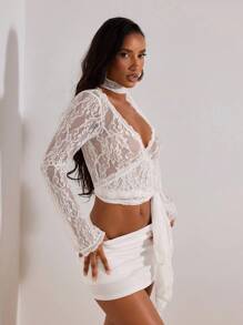 Opulessa Women's Floral Lace Long Sleeve Cropped Sexy Fitted Blouse Holiday Outfits Summer Outfits Vacation White Lace Top Lace Long Sleeve Top White Sheer Top Lace Wrap Top White Lace Crop Top