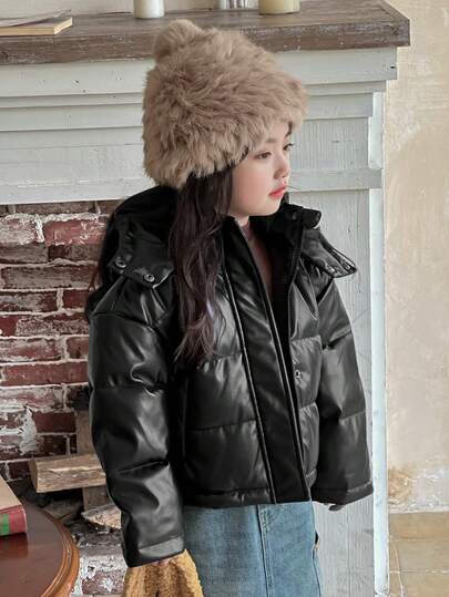 Dazy Kids Young Girl Plain Pocket Hooded Winter Long Sleeve Padded Coat Leather Jacket