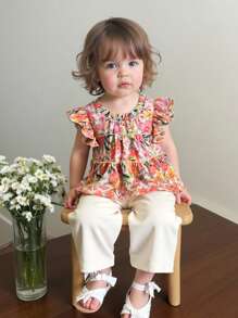 SHEIN 2pcs/Set Baby Girls' Mock Neck Ruffle Floral Print Cap Sleeve Embroidery Zip-Up Shirt & Elastic Waist Pants,Beige Summer Cute Vacation Holiday Outfit - Multicolor - View 5