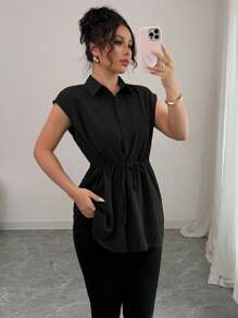 Elenzga Áo sơ mi dáng rộng thoải mái cho nữ, cổ áo cài nút, eo rút dây xếp nếp, vai trễ, thích hợp cho kỳ nghỉ xuân/hè và đi làm - màu đen - Xem 5