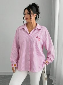 Elenzga Plus Size Women's French Style Striped Embroidered Heart Shirt Fall Cloth For Women - Pink - View 4