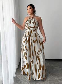 SHEIN SXY 大码女装春夏性感优雅通勤简约黑白条纹印花系带A字连衣裙，适合日常穿着、商务、简约、通勤、优雅、休闲、购物、街头风、外出等场合，易于搭配，显瘦，凸显身材，修饰身形，适合婚礼宾客穿着。 - 棕色 - 查看 6