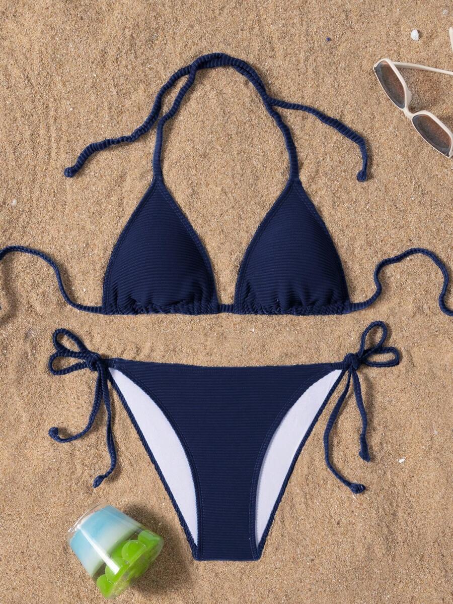 Swim Basics Bộ đồ bơi bikini 2 mảnh màu trơn, mùa bãi biển - Màu xanh hải quân - Xem 1