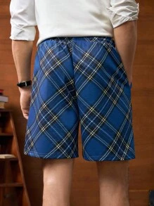 HARRY POTTER X SHEIN 男士夏季休闲宽松格子字母图案抽绳腰侧袋短裤，学院风 - 藏蓝色 - 查看 2