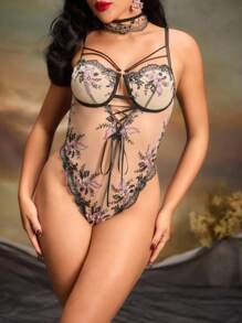 SHEIN 1pc Women's Sexy Bodysuit (Bodysuit With Neckpiece), Going Out Vintage - Black - View 4
