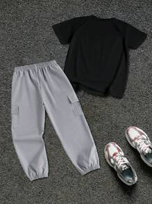 SHEIN 休閒套裝：趣味圖案印花短袖上衣與鬆緊束口工裝褲套裝，適合小男孩 - 灰色 - 查看 3