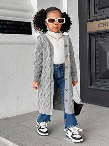 SHEIN Áo len cardigan dài quá khổ cho bé gái có mũ trùm đầu, phong cách thường ngày - Xám - Xem 3