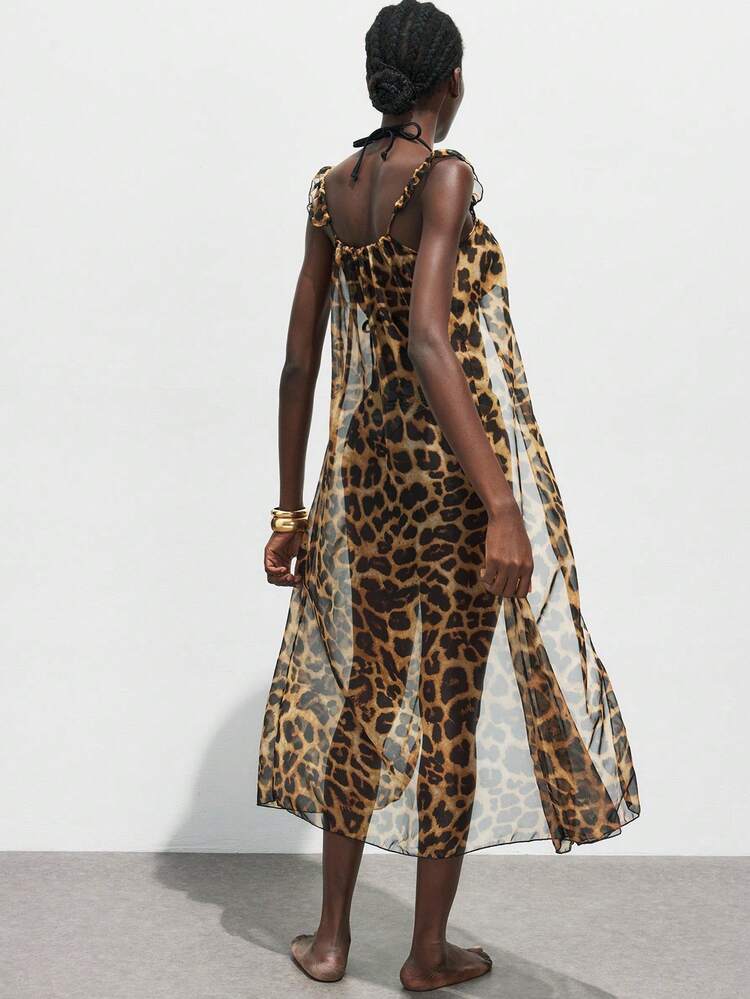 SHEIN Maija Women's Leopard Print Sheer Dress Cover Up For Beach Vacation, Vintage, Western Wear Women