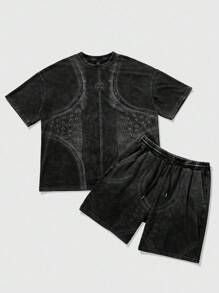 ROMWE MEN Street Life 男女通用图案印花 T 恤套装，采用撞色设计，牛仔效果设计，短袖上衣 - 黑色 - 查看 1
