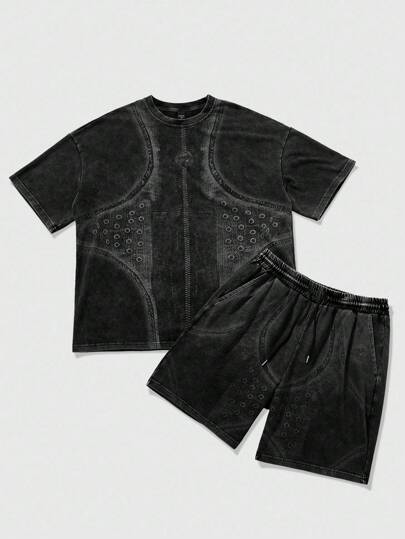 Street Life طقم ملابس علوية تى شيرت مطبوعة بطباعة جرافيك ، تأثير لوني مقسم ، تأثير جينز ، أكمام قصيرة، مناسب للجنسين