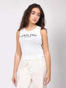 SUMWON Santa Cruz 蕾丝边无袖背心，带复古标志设计，夏季分层罗纹针织风格休闲短款背心