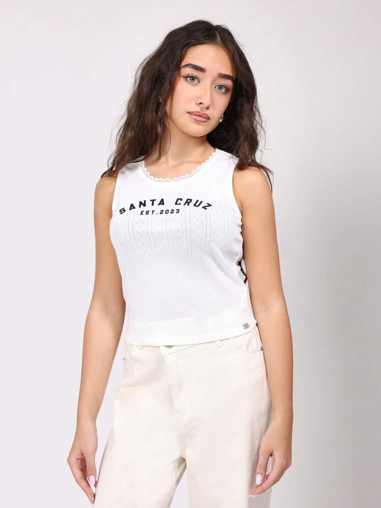 Lace Trim Ribbed Tank Top With Vintage Logo