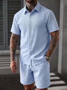 Manfinity Homme 2件套纯色纹理面料休闲短袖衬衫 - 藍色 - 查看 6