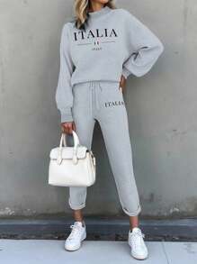 SHEIN LUNE 女式字母印花落肩长袖运动衫和裤子休闲两件套