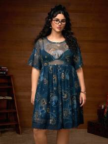 HARRY POTTER X SHEIN Váy tay ngắn in họa tiết lưới tương phản cỡ lớn mùa hè - Nhiều màu - Xem 3