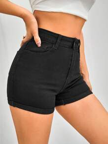 SHEIN Tall Fashionable Casual High-Waisted Black Denim Shorts With Rolled Hem For Summer - Black - View 4