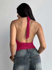 Aloruh 女士性感优雅蕾丝拼接露背深 V 吊带背心 - 玫紅色 - 查看 2