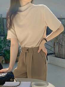 DAZY Camiseta de manga corta de unicolor, diseño suelto de cuello semielastizado minimalista para mujeres - Albaricoque - Ver 4