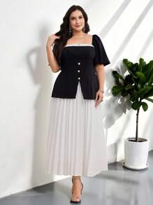 Modelyn Vestido de manga corta con cuello cuadrado de unicolor para tallas grandes, moda de verano - Blanco y Negro - Ver 5