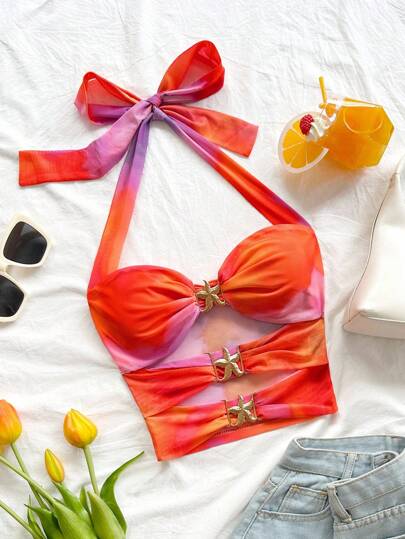 Soleia 女士度假针织网眼日落渐变印花露背系带修身背心，适合海滩度假、城市旅行、音乐节、派对、波西米亚风的休闲装