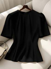 GlowEve CURVE 大码女式优雅休闲褶皱泡泡袖衬衫 - 黑色 - 查看 1