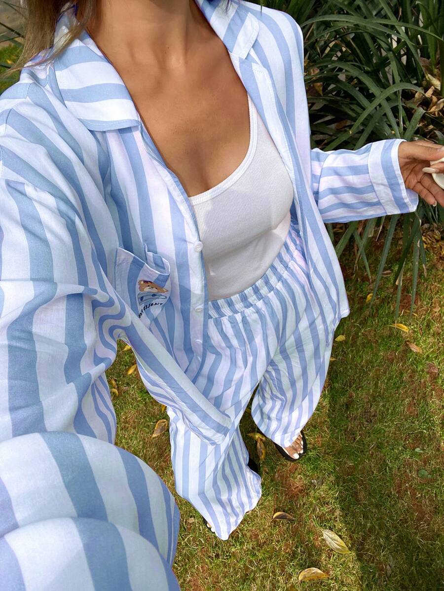 DAZY Striped Cute Bear Print Decor Loose Pajama Set, Fall Clothes - Blue - View 1